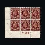 Great Britain - KGV : (SG 441) 1934 large format 1½d red-brown, cylinder block of 6 (3 x 2), control