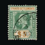 Malaya - Straits Settlements : (SG 121) 1902-03 CA $5 dull green and brown orange superb used,