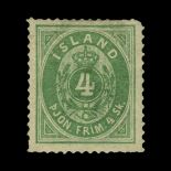 Iceland : (SG O9) 1873 Official perf 14 x 13½ 4sk green, centred to top, some short perfs incl. NE