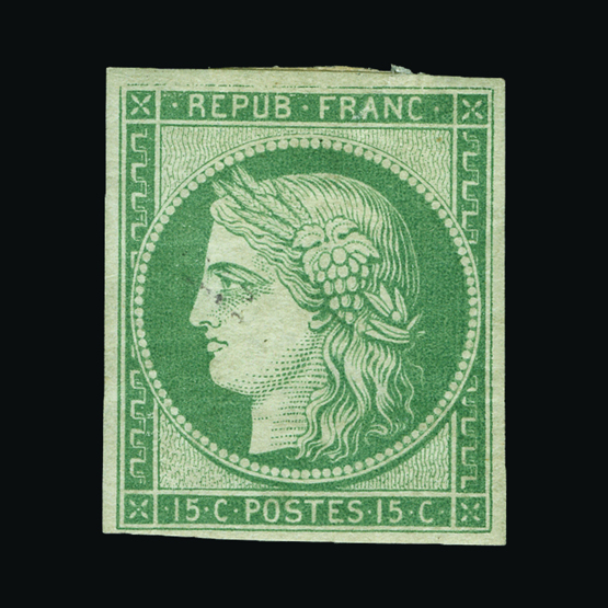 France : (SG 4) 1850 Ceres 15c green on bluish-green - good-looking example with even margins and