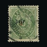 Iceland : (SG 37) 1897 perf 14 x 13½ large 'prir' 3a on 5a, with figure in red, Types 6 and 8,