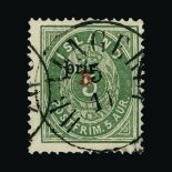 Iceland : (SG 36) 1897 perf 14 x 13½ small 'prir' 3a on 5a, with figure in red, Types 5 and 7,