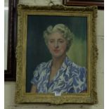 Oil on Canvas, Portrait of a Lady in a blue and white dress, signed Margaret Waller & Pastel
