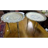 Pair of Egyptian circular brass lamp tables, on turned legs, each 16” dia