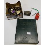 Jaguar Service Manual & box with old keys, milometer, small oil can etc