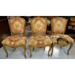 Set of 3 French Walnut Side Chairs, padded backs and sprung seats, mauve fabric, on sabre legs