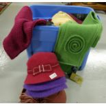 Box of new clothing accessories – 5 lady’s felt hats, several neck scarves, wool blanket etc