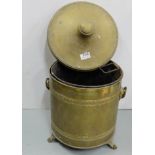 Circular brass coal box with lid and liner & 2 brass framed fire guards