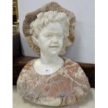 Marble Figure of Young Boy with red fluted cap and red tunic, 2ft high x 16” wide
