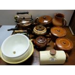 Kitchenalia - 11 stoneware cooking items incl. teapots, bed warmer, bowls and an electric copper