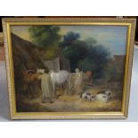 19thC Oil on Canvas, Wheatley Farmyard working scene with farm horses, cart and pigs 33”w x 27”h