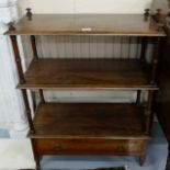 19thC Mahogany 3-tier Whatnot, rectangular shaped, with stretcher drawer, castors, 28”w x 14”d x