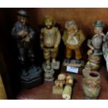 10 Carved Treen ornaments, painted – comical gents, bottle stoppers etc