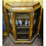 19thC Walnut Side Cabinet, the single glass panelled door enclosing 3 velour covered shelves, angled