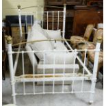 Victorian rail back Iron Bed, with brass finials and top rails, painted white, 4ft w x 7ftl