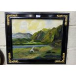 Oil on Board, a Rural Galway Thatched Cottage, in ebony frame with gold mounted corners, signed J
