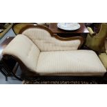 Victorian Mahogany Framed Chaise Longe, with a scroll- shaped back and side arm, on 4 turned feet,