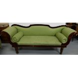Large WMIV Settee, raised on turned mahogany legs, with curved back over green satin fabric, 2