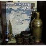 American Crescent Cycles Sign on chipboard, Brass el table lamp, 2 metal pots