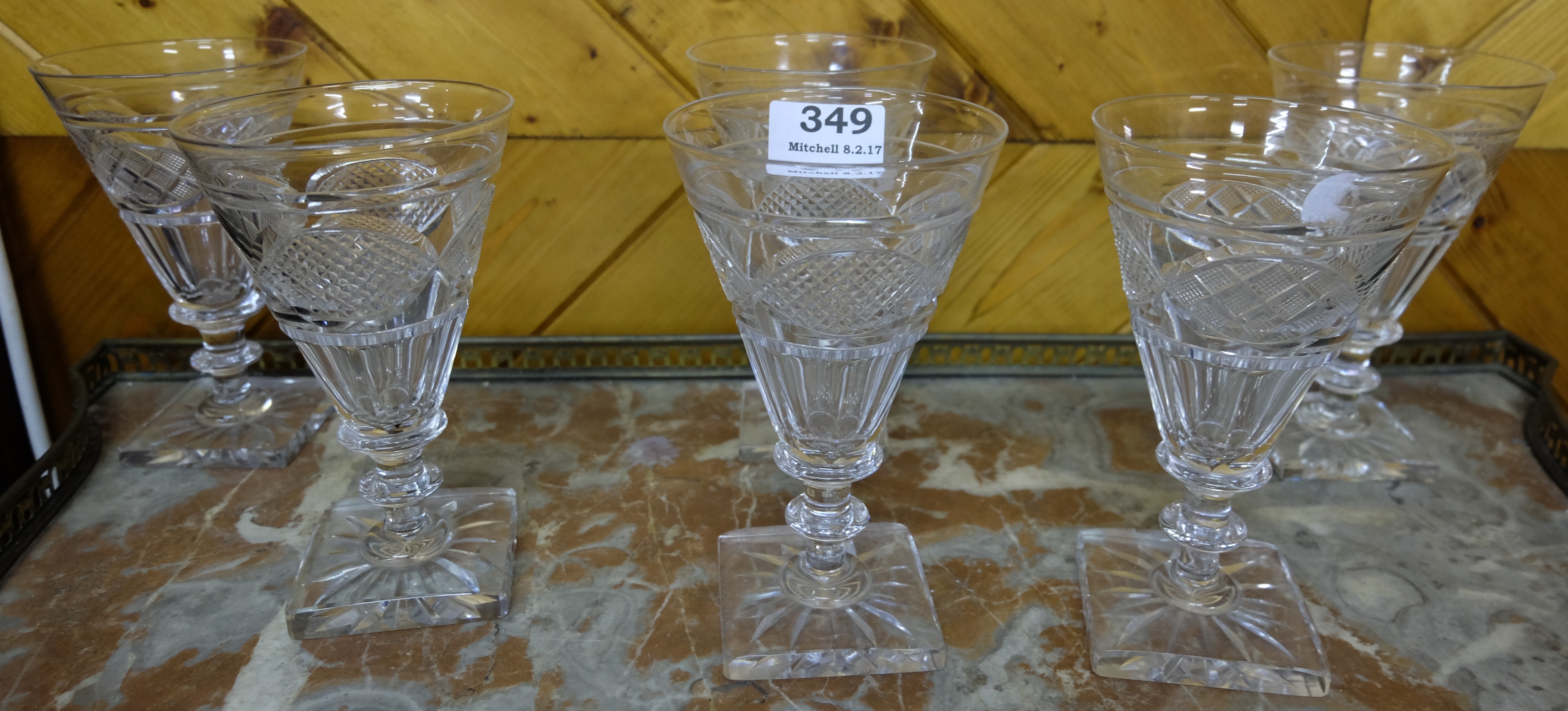 Set of 6 Cut Glass Wine Glasses, on stems, stamped E & L Edinburgh Crystal, each 6.5”h (6) (1 with