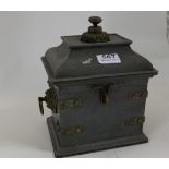 Japanese Metal Urn with hinged lid, with studded detail, circular brass handles, 7.5”w x 9”