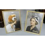 Pair of Vintage counter advertising signs, in glass fronted frames – ladies wearing “Reslow” hats