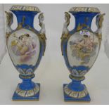 Matching Pair of modern French Dresden Vases, blue necks and bases, decorated with cherubs (chip