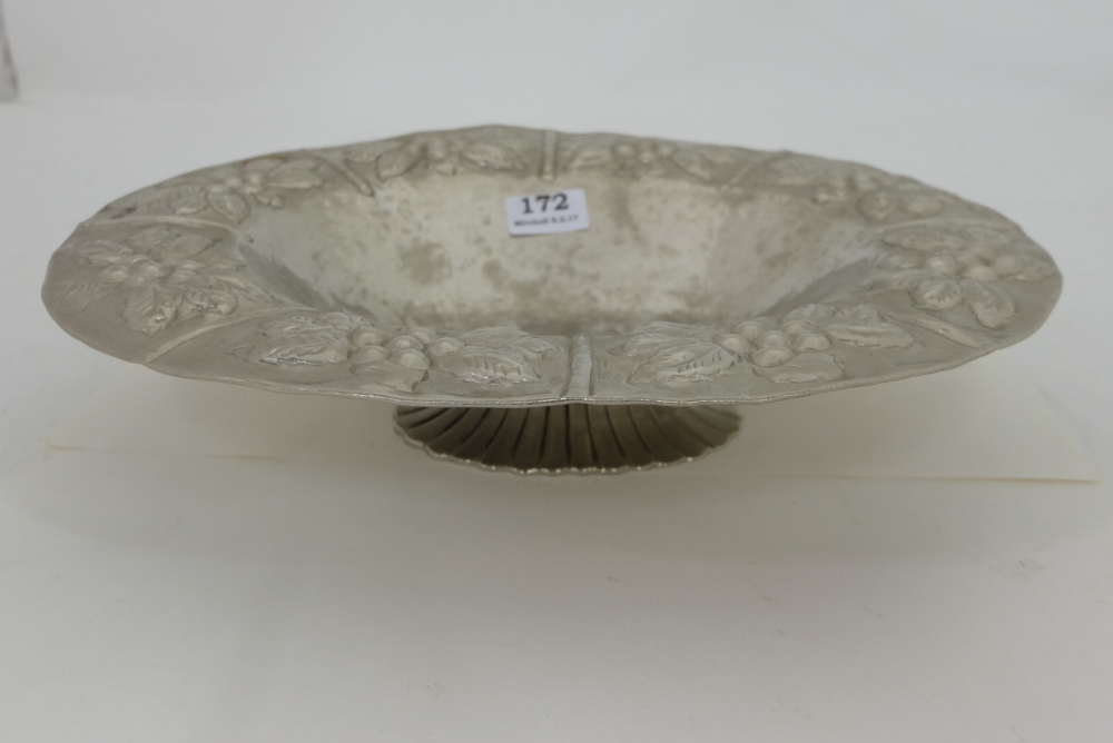 Silver Plate Fruit Bowl Centre Piece, with a floral embossed upper rim, 15” wide, on a plinth