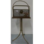 Victorian Brass Framed Magazine Rack, with leaf mounts, on tripod stand, 34”h