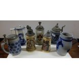 5 German Pottery Steins, 2 blue and white water jugs (7)
