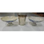 Matching Pair of blue and white pottery vegetable dishes & Sheffield Plate Wine Bucket 6”h