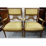 Matching Pair of French Mahogany Armchairs, with padded backs, seat arms and sprung seats, covered