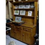 Modern Pine Kitchen Dresser with 2 top shelves over 3 drawers & 3 paneled doors, 53”w x 6ft h