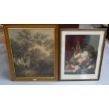 2 framed prints – colourful floral still life & “returning with firewood”