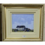 Oil on Canvas, Study of a Thatched Cottage, with a yellow door, blue sky, in a gold and cream