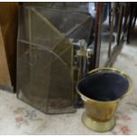 Brass fire items – helmet shaped coal scuttle, 3 spark guards & companion set (5)