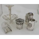 5 Silver Plate Items incl. epergne centrepiece, 2 wine bottle stands, small ice bucket & toast