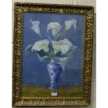 Mixed media still life Study of a bunch of Lillies in a Blue and White Vase, in a moulded and gilded