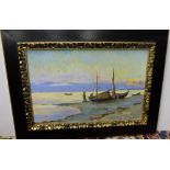 Russian Oil on Canvas, Figures at a Fishing Boat in Serbia at Sunset, in a later rectangular ebony