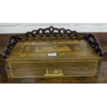 Marquetry Inlaid 19thC Slopefront Lap Desk, a fretwork gallery opening to interior drawers and an