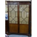 Georgian Mahogany Inlaid Wardrobe, egg and dart pediment moulding over two glazed doors enclosing