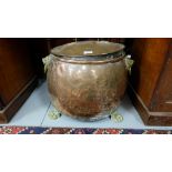 19thC Oval Shaped Copper Fuel Box, with lid, on 4 hairy paw brass feet, lion mask carrying