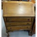 Mahogany Queen Ann Slope Front Writing Bureau, with inner compartments, 3 drawers below, ball and