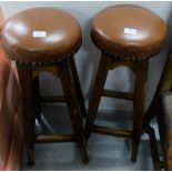 Matching Pair of Oak Bar Stools with brass studded and padded seats