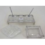 3-piece cut glass pen and paper weight desk stand & 2 cut glass trinket boxes with lids (1