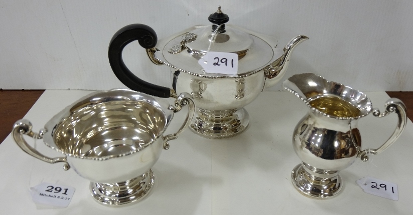 3 piece Irish Silver Teaset including Teapot with ebony handle and lid finial, a Sugar Bowl and