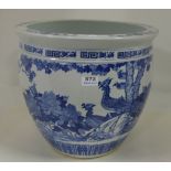 Porcelain Blue and White Jardinière, decorated with dragons and garden scenes, 16” dia x 14”h