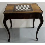 French Walnut Games Table, the top inlaid with a marble chess board, a frieze drawer over cabriole