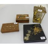 2 Cigar Boxes (1 x 1950’s), Japanese Lacquer Box & modern brass mantle clock (4)