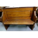 Gothic Pitch Pine Church Pew/Bench, with panelled back, brass carrying handles and umbrella tray